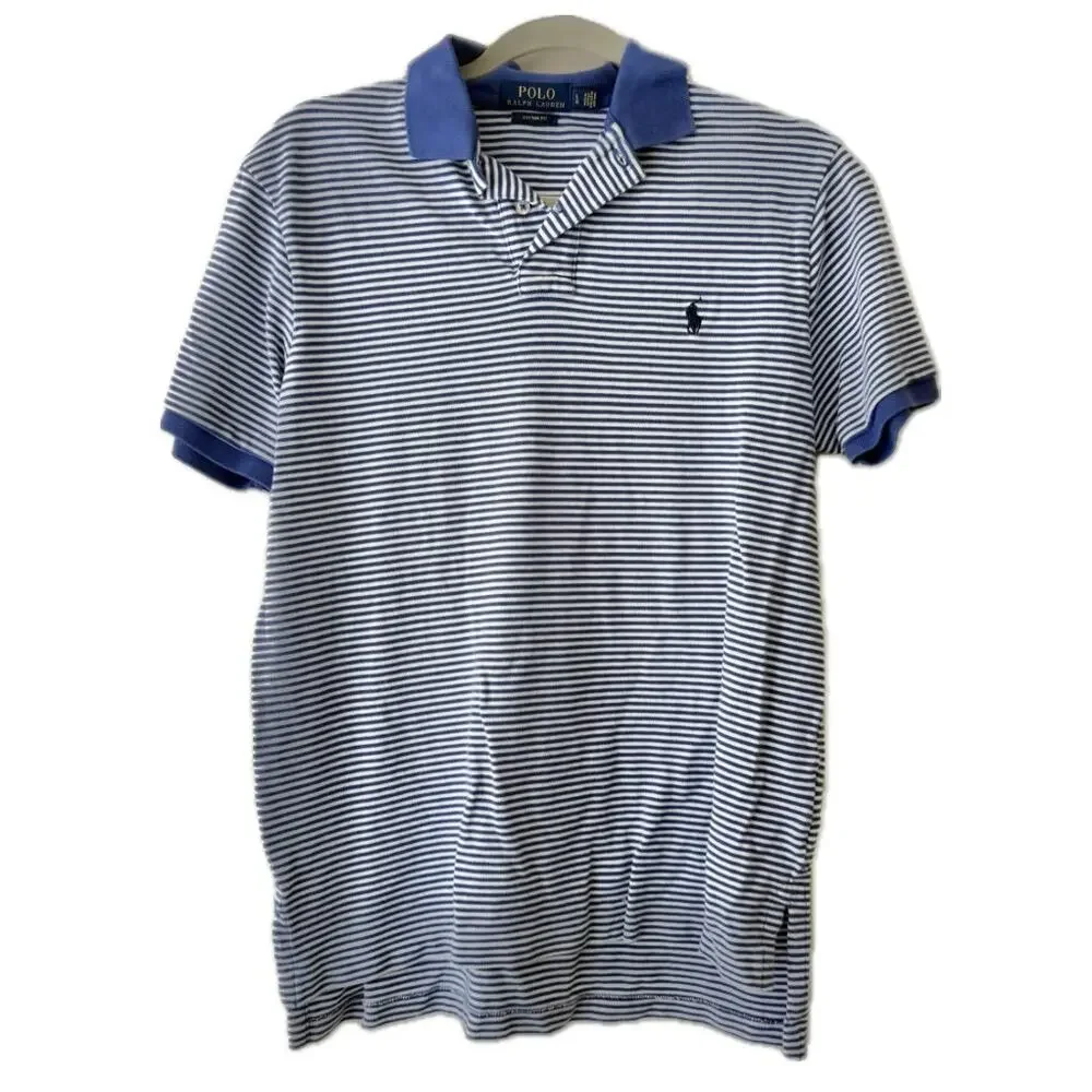 Ralph Lauren Indigo BlueStripe Custom Fit Pony Short Sleeve Polo Large Preppy